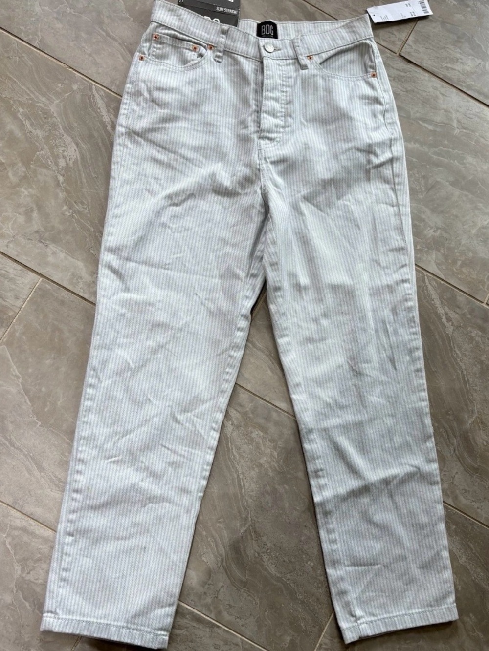 BDG Slim Straight Jeans Button Fly High Rise Pinstripe White Blue Sz 27 NWT